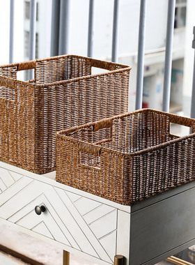 编织收纳筐 桌面玩具杂物零食收纳盒收纳篮子 储物篮藤编草编框大