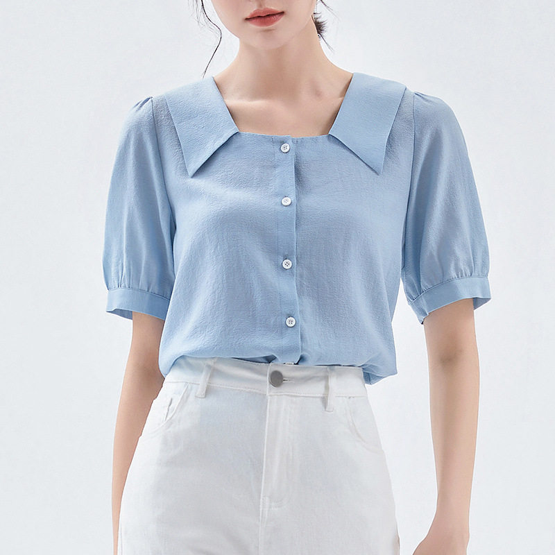 2025夏季新款法式设计感翻领泡泡袖女装上衣气质通勤HH20137