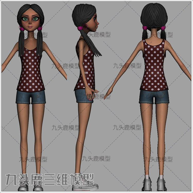 maya2018三维现代卡通女孩女生人物模型素材带贴图骨骼绑定