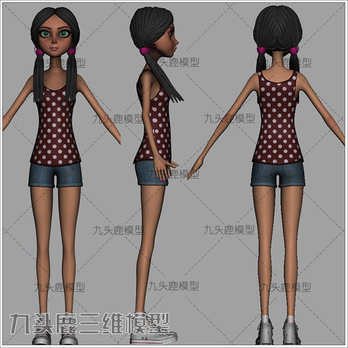maya2018三维现代卡通女孩女生人物模型素材带贴图骨骼绑定