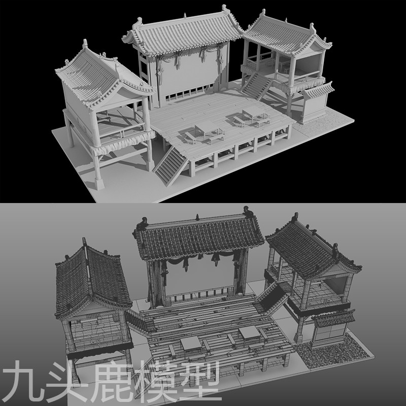 maya 3Dmax c4d blender三维游戏动画古代建筑戏台场景模型素材