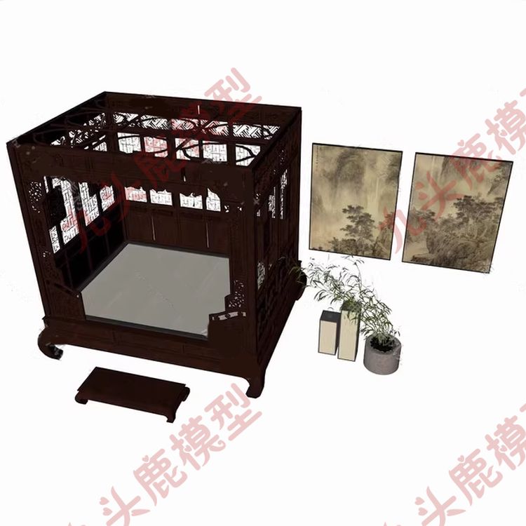 中式传统家具雕花双人木床踏板山水画三维模型C4D FBX STL OBJ SU