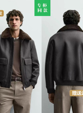 柜899！ZA冬季新品男装拼接领口皮革效果夹克加厚外套棉服3548108
