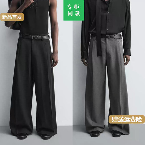柜429！ZA秋新男打褶装饰高腰宽松休闲宽腿裤直筒长裤5940102 800