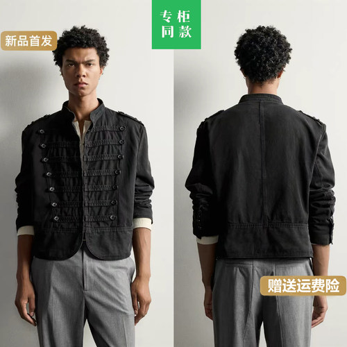 柜799！ZA秋季新品男装棉质绊带装饰短款黑色夹克外套3715811 800