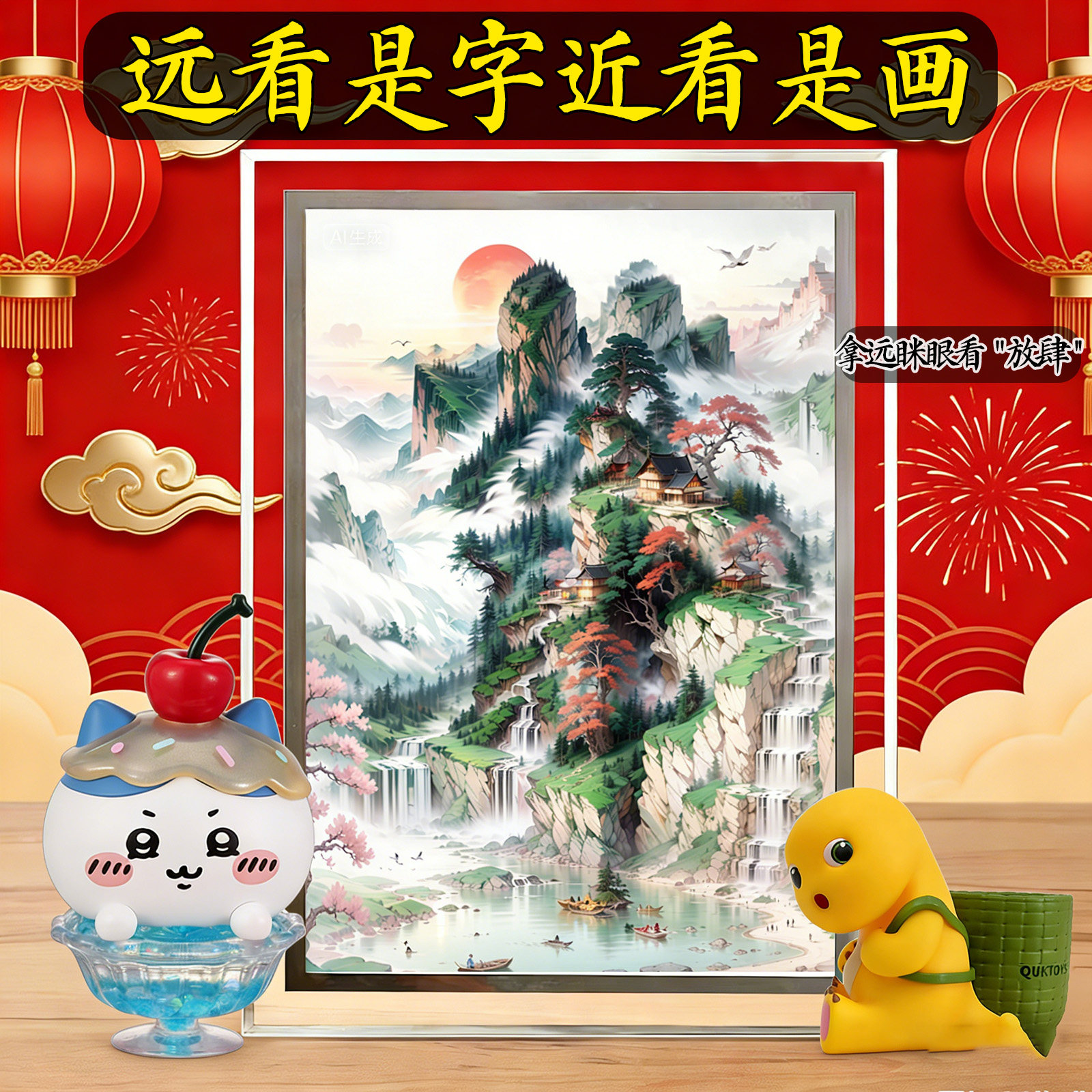 生日礼物实用送朋友姓氏名字作画招财山水画定制相框挂画桌面摆件