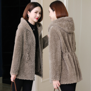 带帽颗粒羊羔毛皮草外套 全毛羊剪绒大衣女中长款 卡若维娅冬季 新款