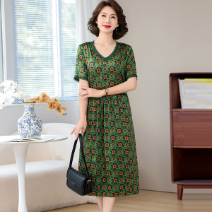 卡若维娅香云纱真丝连衣裙女复古印花中长款裙子气质显瘦妈妈装夏