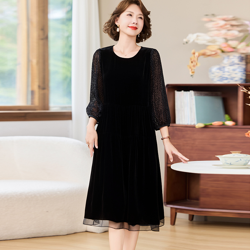 卡若维娅高端真丝丝绒连衣裙女中长款黑色显瘦妈妈桑蚕丝裙子春秋