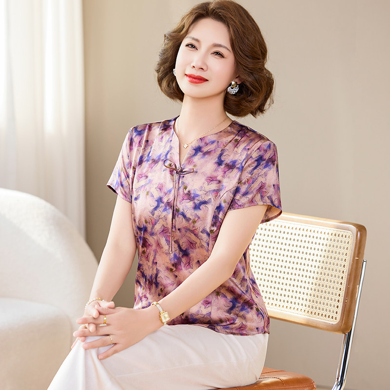 卡若维娅2026春夏真丝衬衫女短袖新中式桑蚕丝妈妈装小衫印花上衣