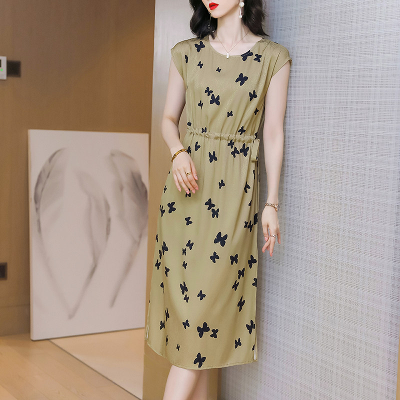 卡若维娅高端品牌真丝连衣裙女中长款气质印花开叉桑蚕丝裙子夏装