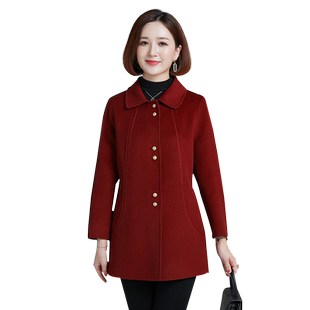 中老年双面呢羊绒大衣女中长款修身气质红色羊毛毛呢外套秋冬新款