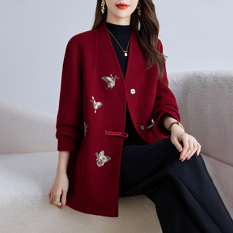 卡若维娅双面呢新中式国风上衣女纯羊毛呢外套红色显瘦零羊绒大衣