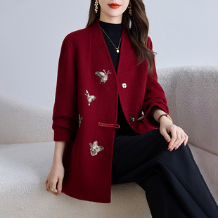 卡若维娅双面呢新中式国风上衣女纯羊毛呢外套红色显瘦零羊绒大衣