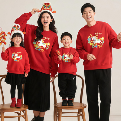红色过年亲子装秋冬2026新款一家四口三口元旦加绒卫衣马年拜年服