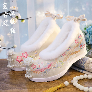 古风鞋子女汉服内翘头履绣花鞋平底百搭配古装明制宋制加绒