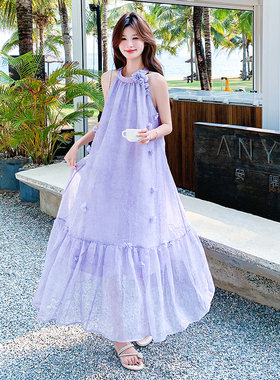 2025夏季新款减龄话多挂脖连衣裙纯色大摆裙2529-P155控238