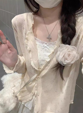 韩系镂空薄款防晒针织衫女夏季2025新款别致宽松短款长袖开衫上衣