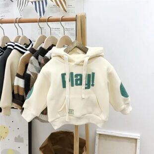 男童连帽卫衣加绒加厚儿童套头外套女宝宝冬天衣服小童秋装男孩