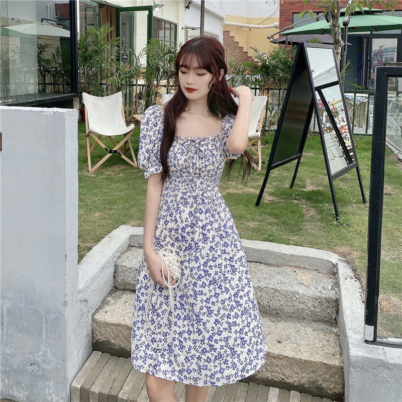 Real shooting and real price summer small fresh flower square collar waist slim dress