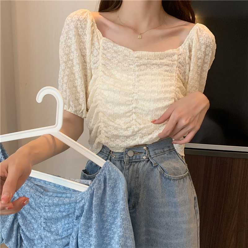 Real shot real price Korean square collar pleated slim bubble sleeve sweet lace hook flower shirt two-way top