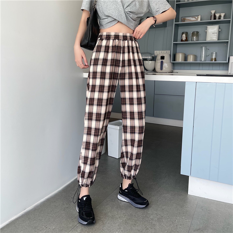 Real price plaid pants women's loose high waist drawstring Harem Pants wide leg drop nine point straight tube Leggings