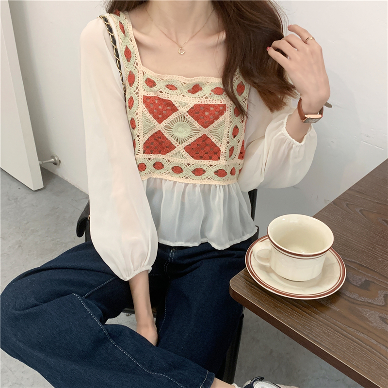 Real price Korean version versatile retro small fresh hollow out hook flower Long Sleeve Chiffon splicing top