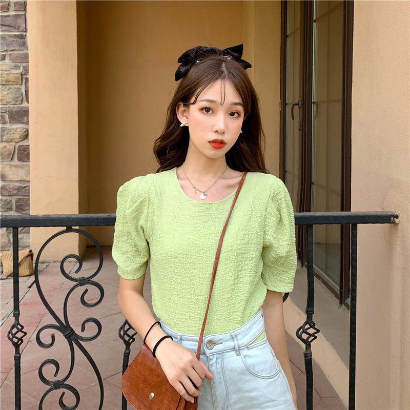 Real shot real price Korean bubble sleeve versatile loose thin short sleeve top