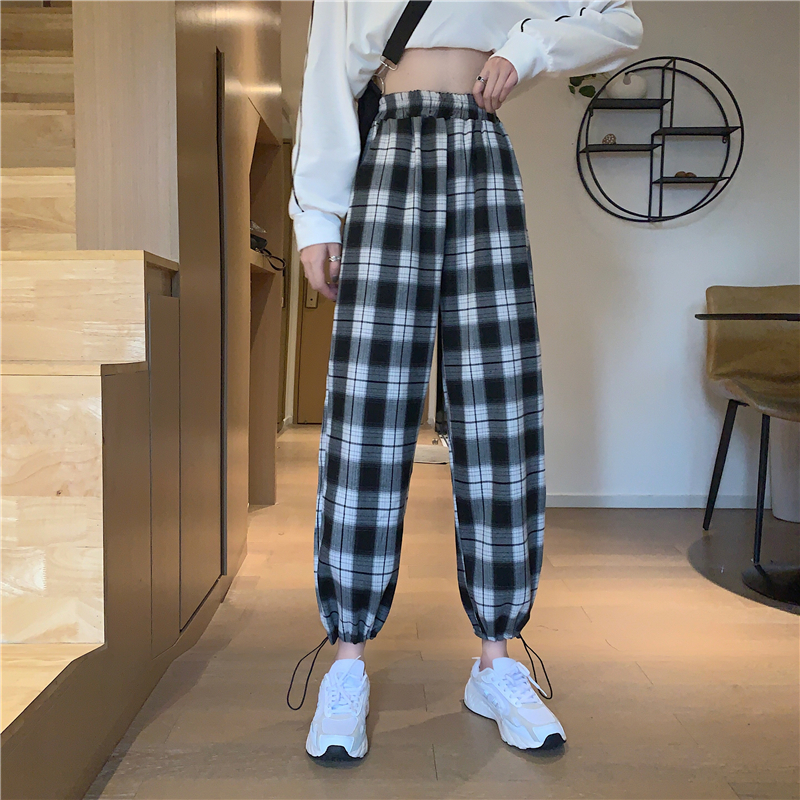 Real price black and white plaid pants for women