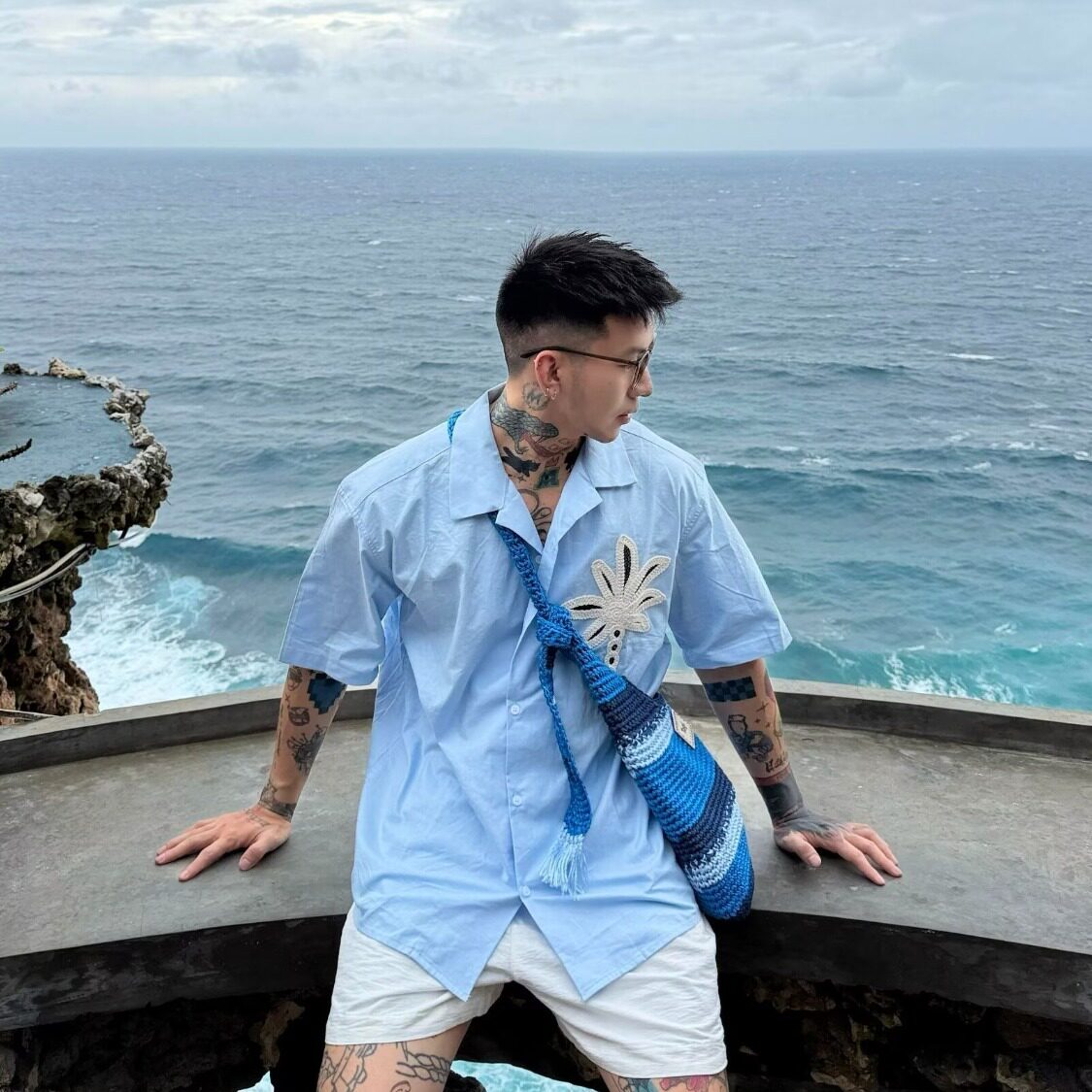 海边度假风椰子树手工刺绣短袖衬衫男夏季时尚古巴领凉感透气衬衣