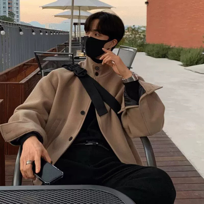 卡其色立领毛呢外套男秋冬大衣