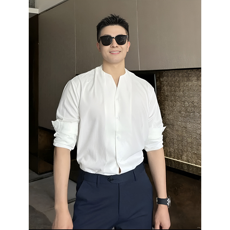 白色V领衬衫男长袖衬衣内搭上衣