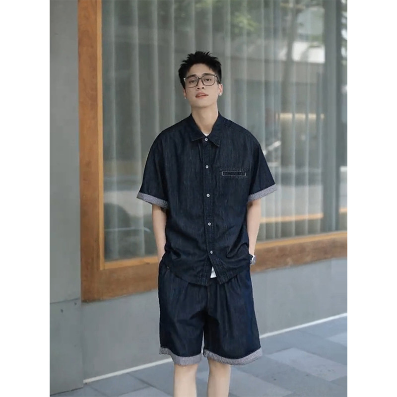 美式高街深蓝色牛仔衬衫套装男宽松大码直筒短裤夏季薄款两件套潮