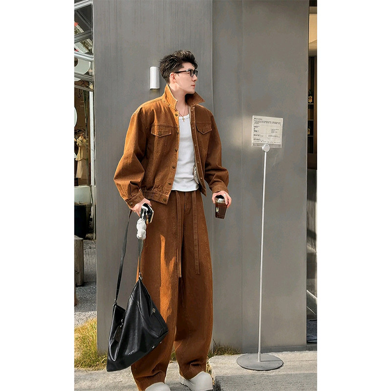 美拉德棕色短款工装牛仔夹克外套男款春季美式复古弯刀阔腿裤套装