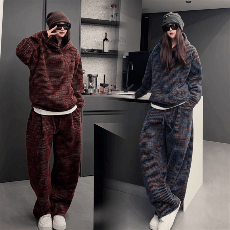 小香风休闲套装针织连帽加绒卫衣