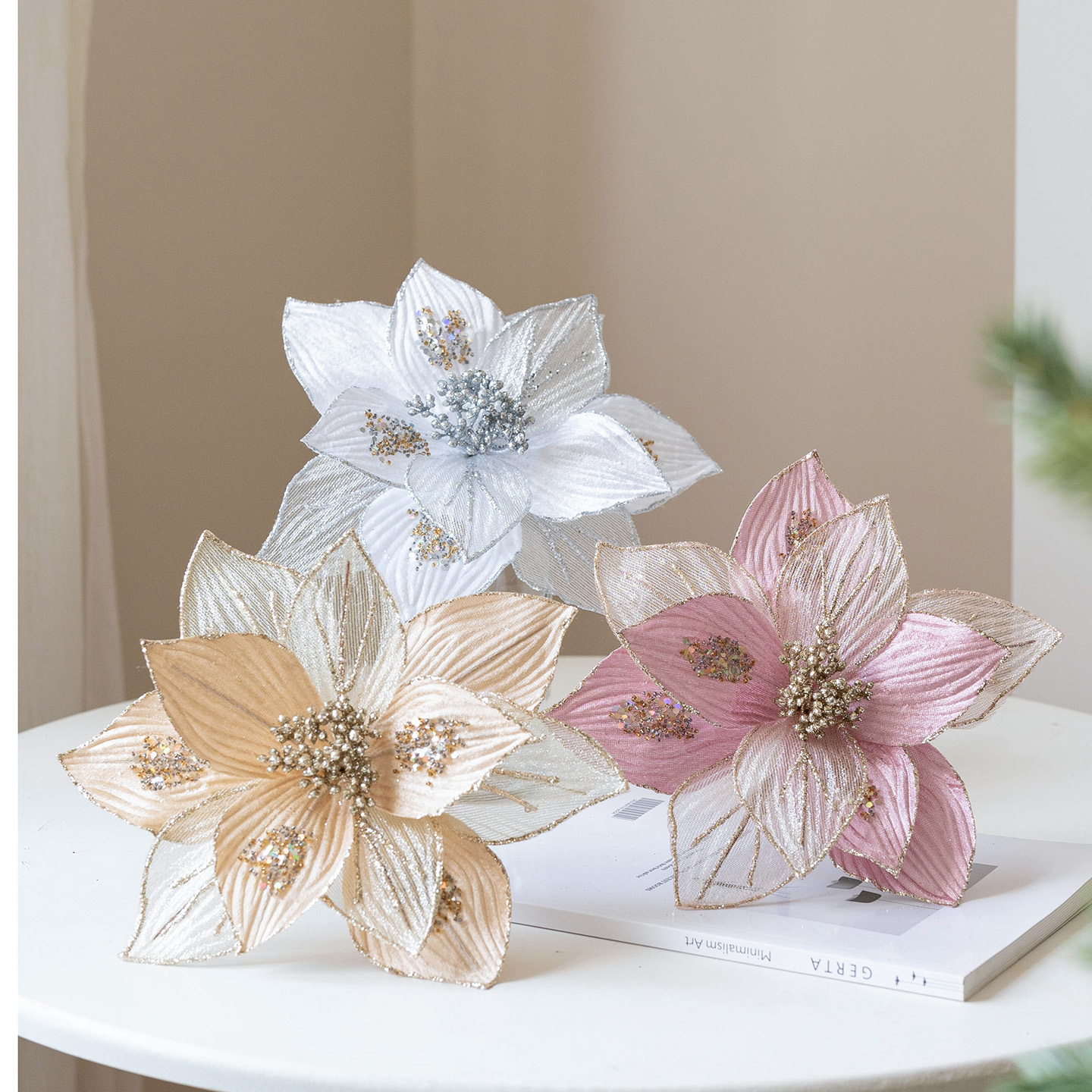 Hromeo圣诞装饰品绒布网纱花