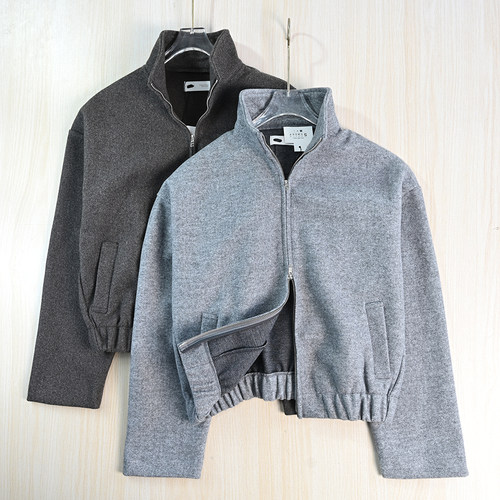 仿毛呢立领拉链短款呢子夹克外套