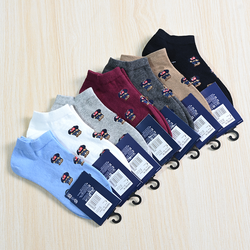 棉质色织卡通熊胶印字母短袜船袜