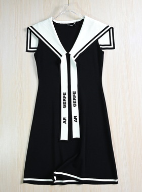 思琪女装 254/14 学院风撞色海军领字母飘带修身无袖针织连衣裙