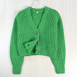 通勤厚实V领系扣修身 短款 长袖 思琪女装 针织毛衣开衫 2512