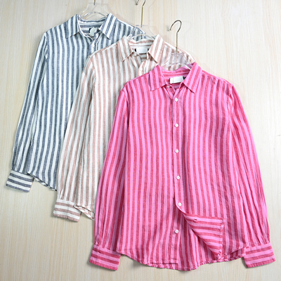 透气亚麻条纹刺绣休闲长袖衬衫