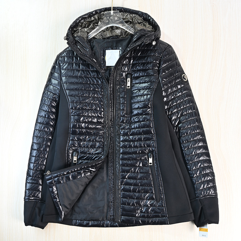气质绗缝拼接连帽修身休闲棉服