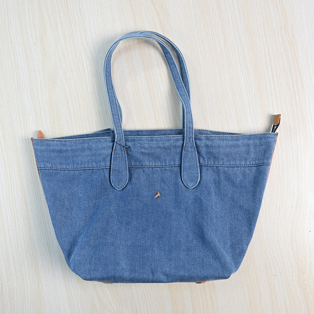 263/12美国单软皮贴布棉质拉链闭口牛仔布手提单肩托特包