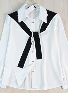 思琪女装 261/22美系K尔通勤风针织飘带海军领休闲长袖雪纺衬衫