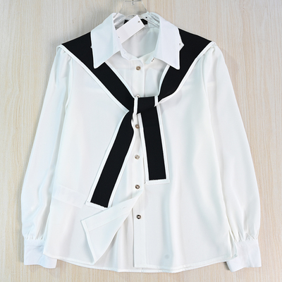 针织飘带海军领泡泡袖雪纺衬衫