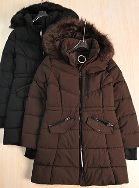 思琪女装 259/15美M系蓬松厚实脱卸帽毛领抽绳收腰中长款棉衣棉服