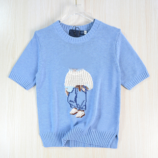 美国单卡通熊粗针棉线圆领短袖 针织毛衣 2512 思琪女装