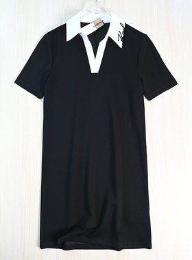 思琪女装261/12 美系K撞色刺绣字母V翻领休闲短袖针织连衣裙