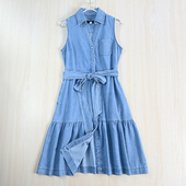 思琪女装 牛仔连衣裙 无袖 258 4文艺范水洗棉V翻领系扣腰带修身