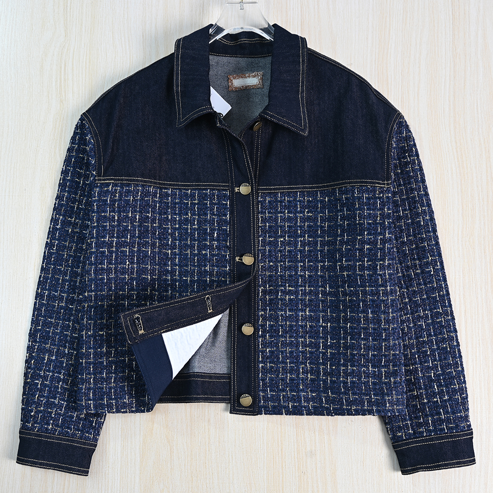 小香风弹力棉拼接休闲牛仔短外套